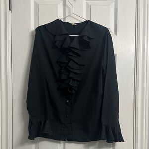 80s Victorian Style Black Ruffle Jabot Blouse, Woman’s 8
